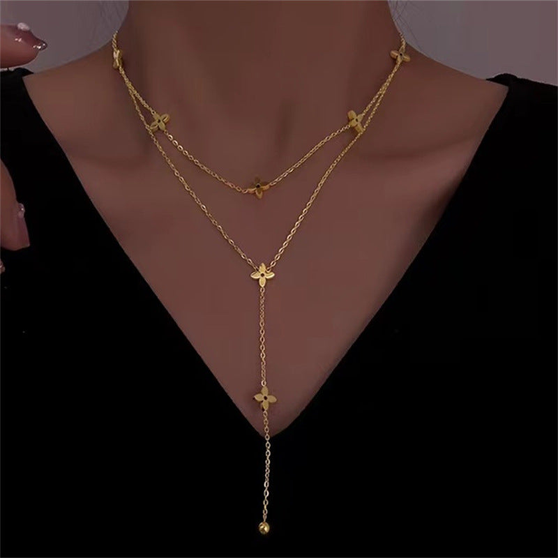 Chic Geometric Titanium Steel 18K Gold Plated Double-Layer Necklace for Women