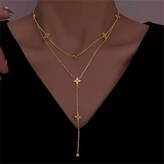 Chic Geometric Titanium Steel 18K Gold Plated Double-Layer Necklace for Women